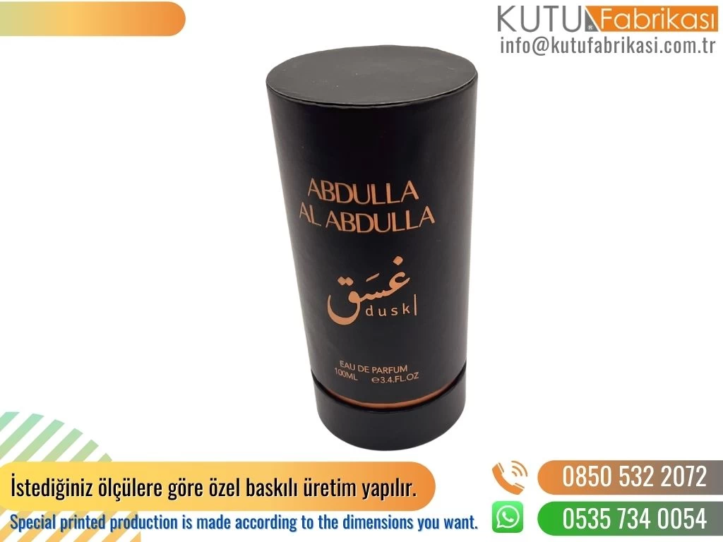 Siyah Alttan Kapaklı Yaldız Baskılı Parfüm Silindir Kutu