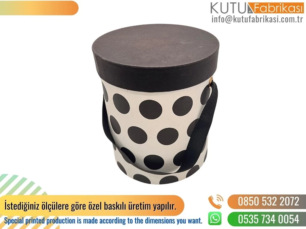 Siyah Kapaklı Kurdelalı Puantiyeli Silindir Kutu