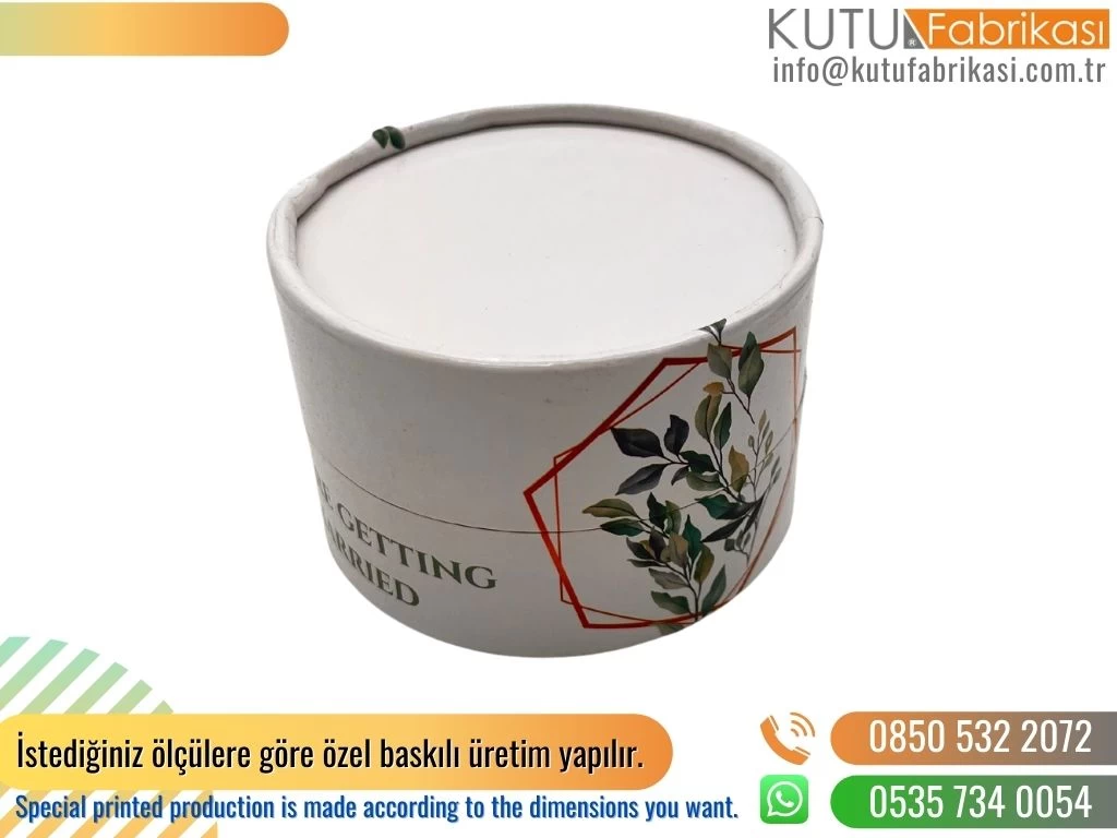 Beyaz Küçük Silindir Kutu Yaprak Desenli