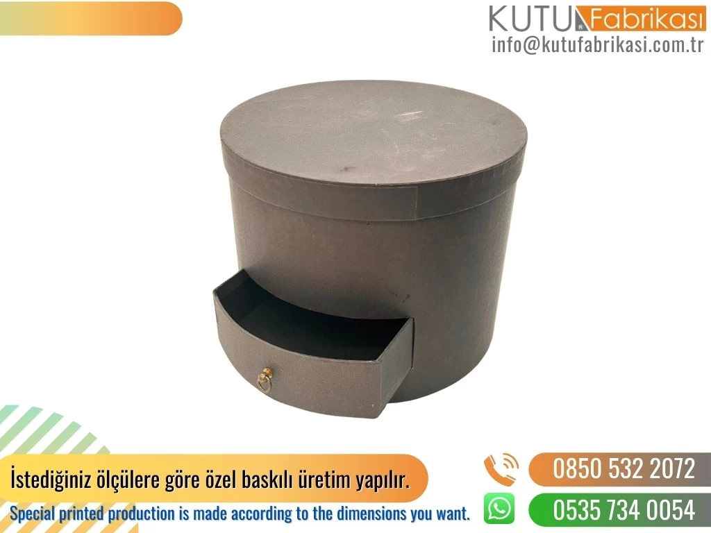 Karton Kaplı Gri Çekmeceli El Yapımı Silindir Kutu